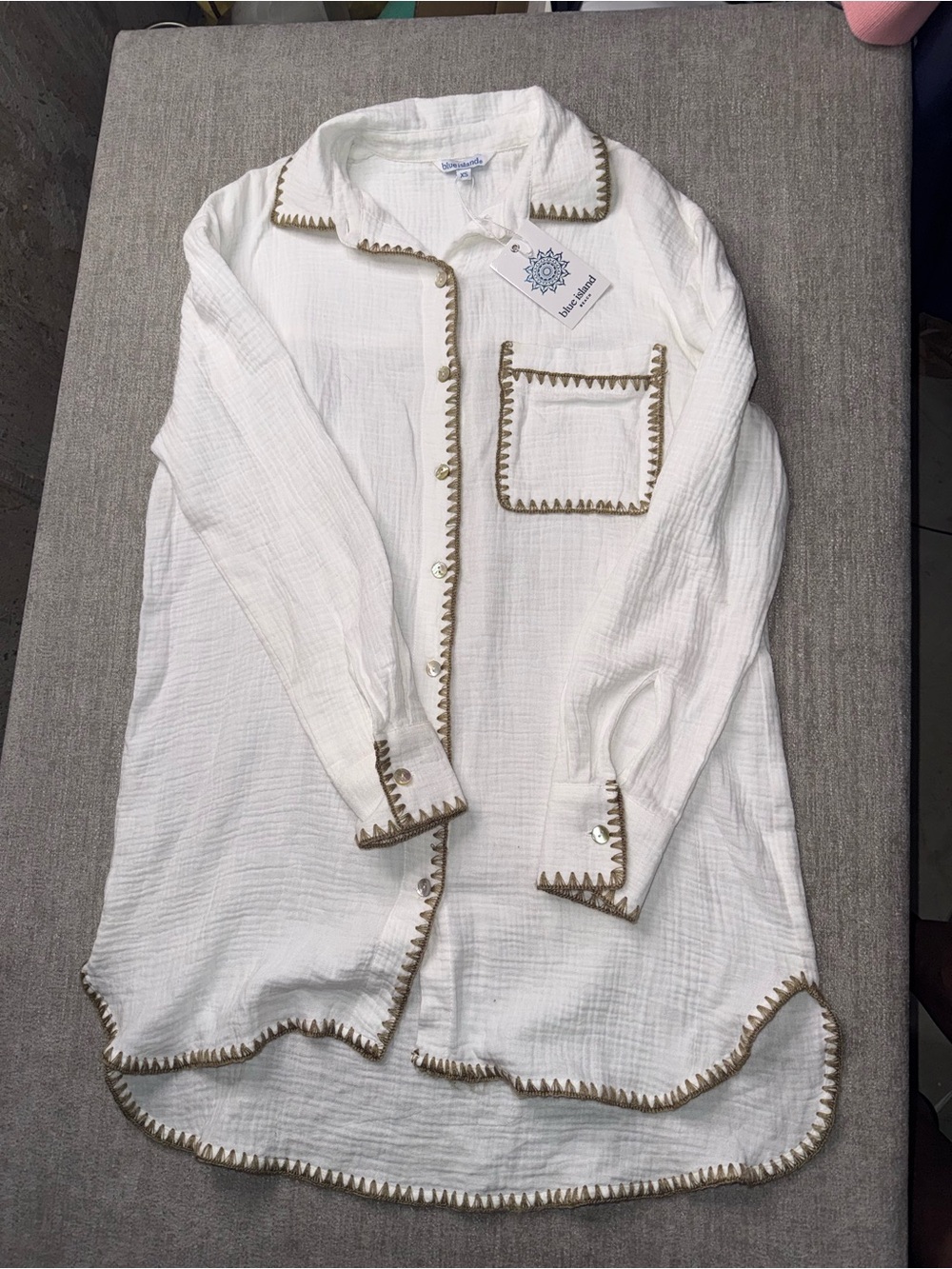Blue Island Beach White Gauze Crochet Trim Button Tunic Shirt XS NWT